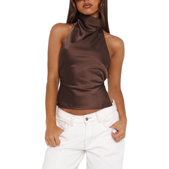 Tops - Women's Satin Tank Top Halter Backless Sleeveless Crop Dressy Casual